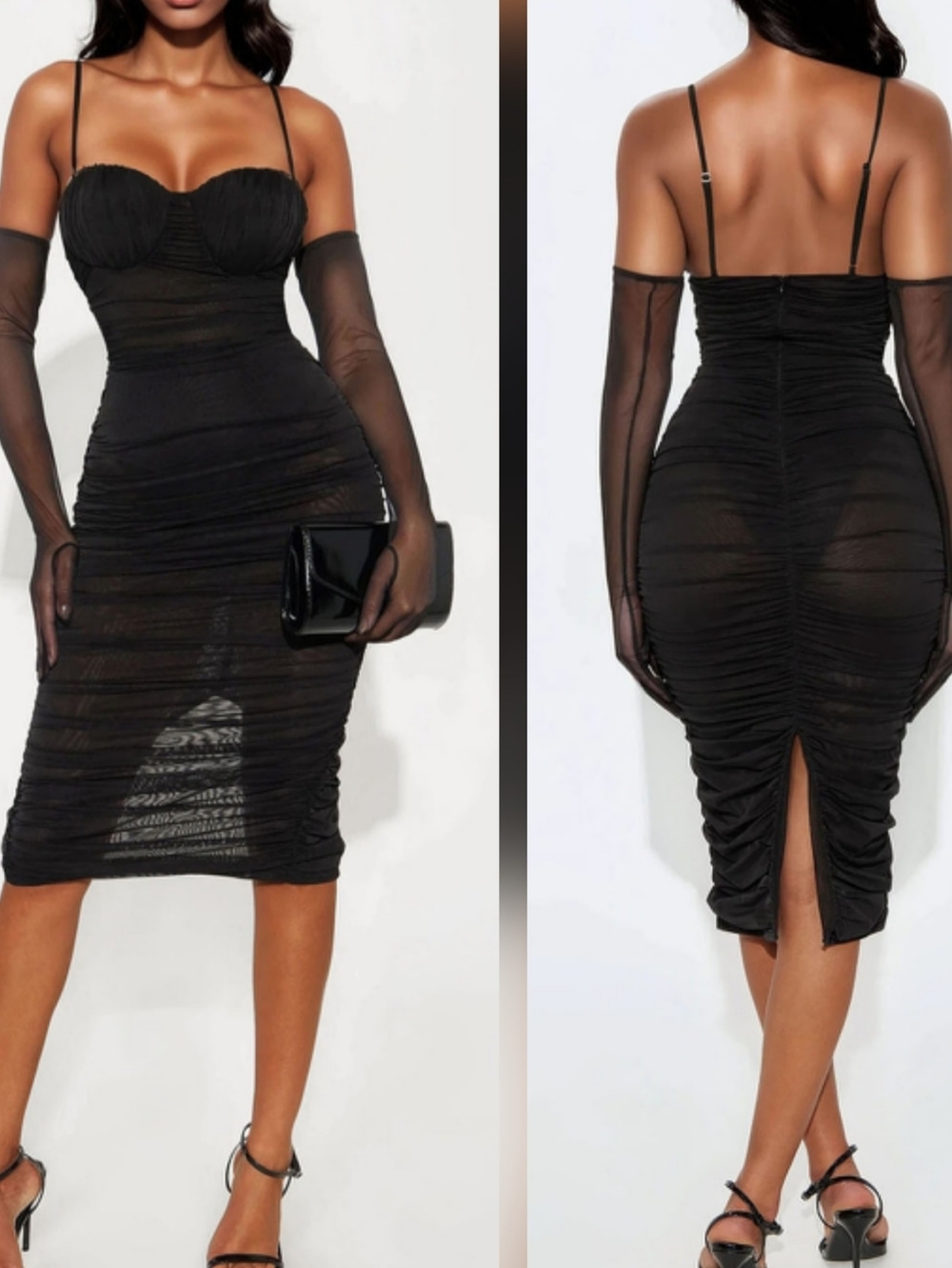 Black Ruched Mesh Bodycon Dress with Sheer Gloves
